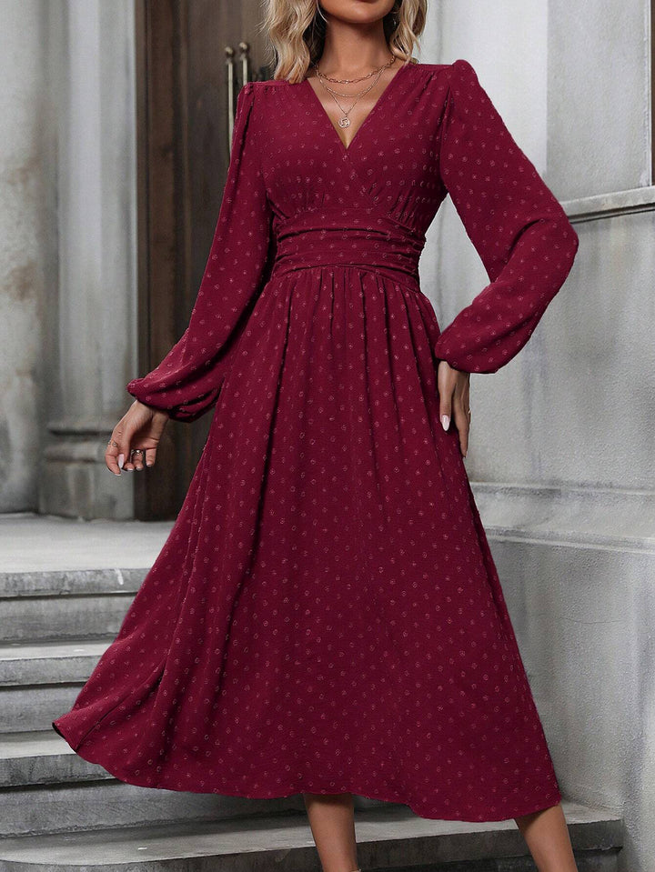 Women's Pleated-Waist Long-Sleeve Midi Dress