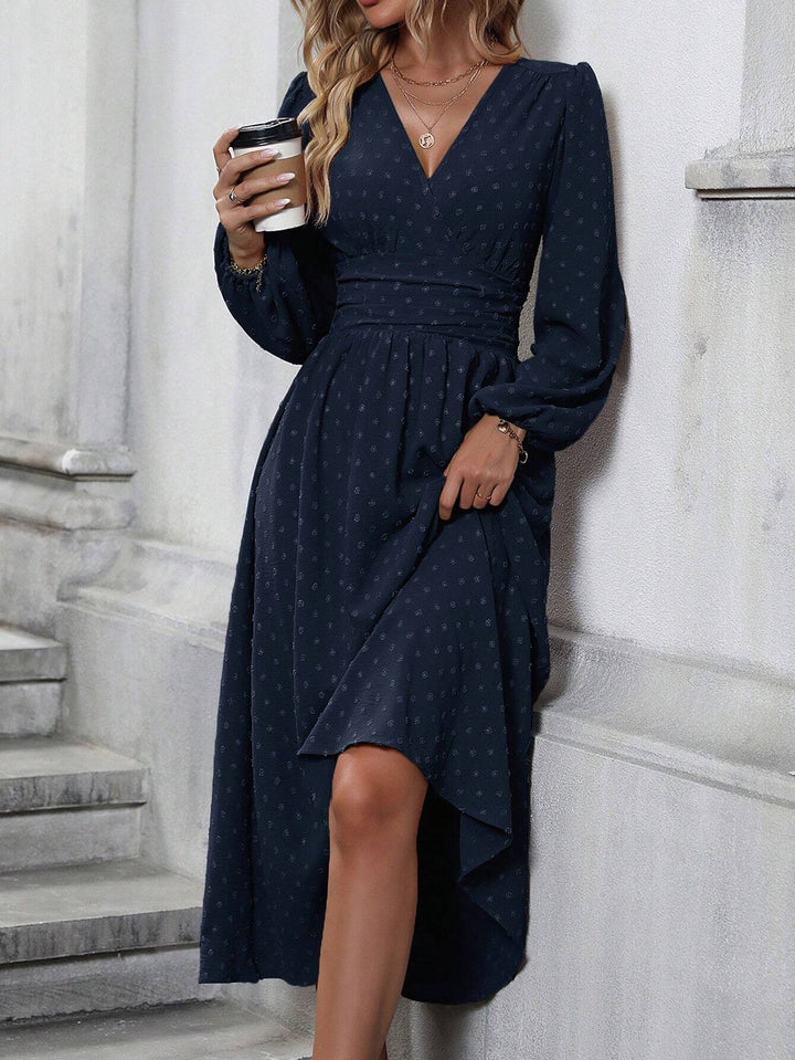 Women's Pleated-Waist Long-Sleeve Midi Dress