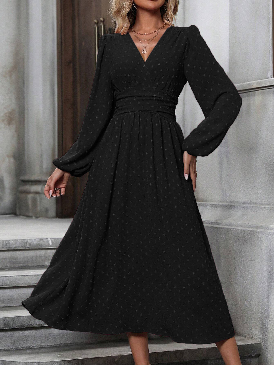 Women's Pleated-Waist Long-Sleeve Midi Dress