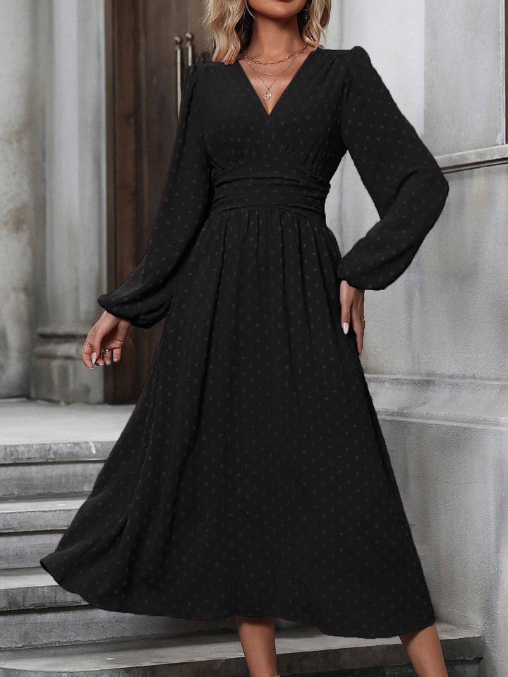 Women's Pleated-Waist Long-Sleeve Midi Dress