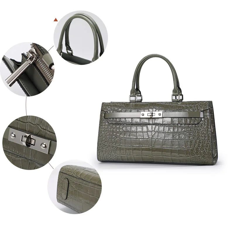 Premium Cowhide Crocodile Print Handheld Crossbody Bag