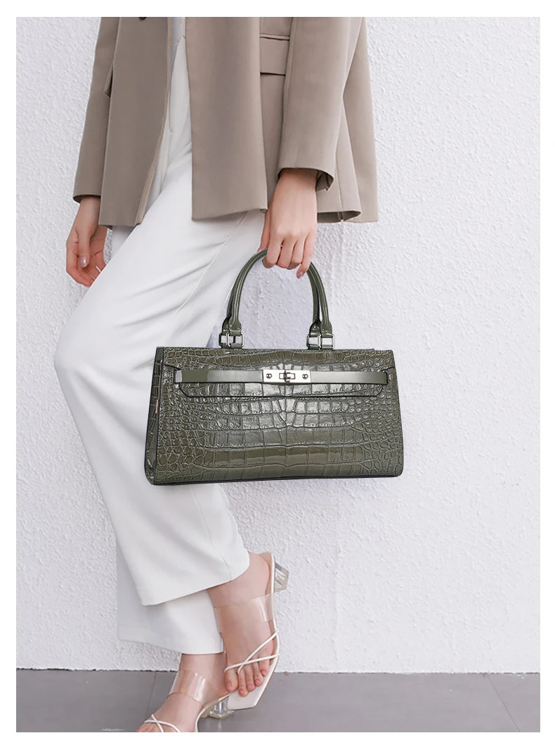 Premium Cowhide Crocodile Print Handheld Crossbody Bag