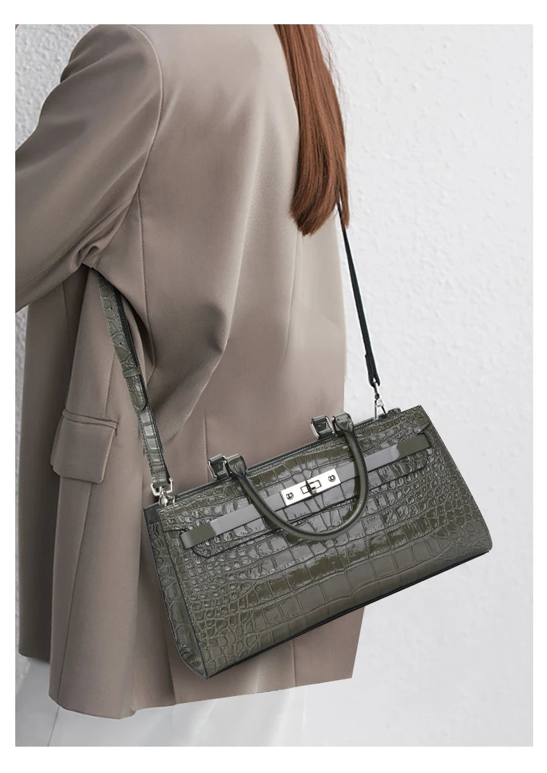 Premium Cowhide Crocodile Print Handheld Crossbody Bag