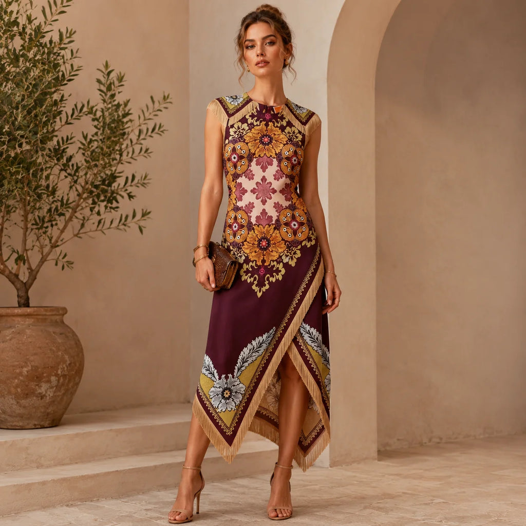 Vintage Bohemian Scarf Print Sleeveless Midi Dress with Fringe Hem