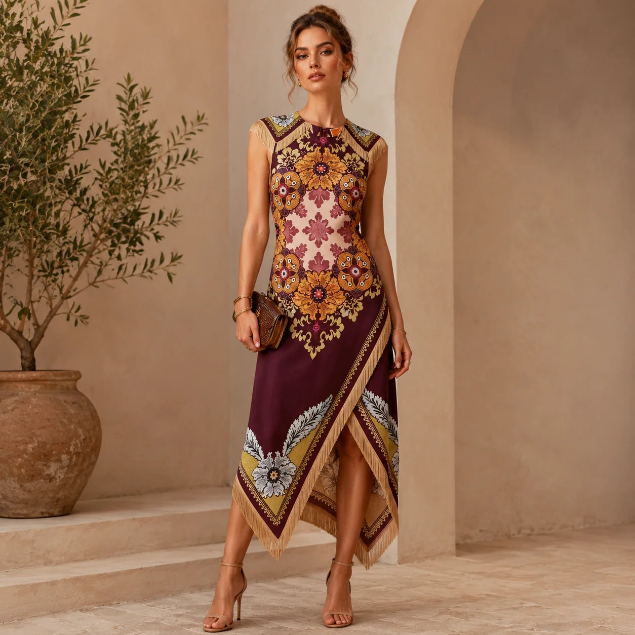 Vintage Bohemian Scarf Print Sleeveless Midi Dress with Fringe Hem