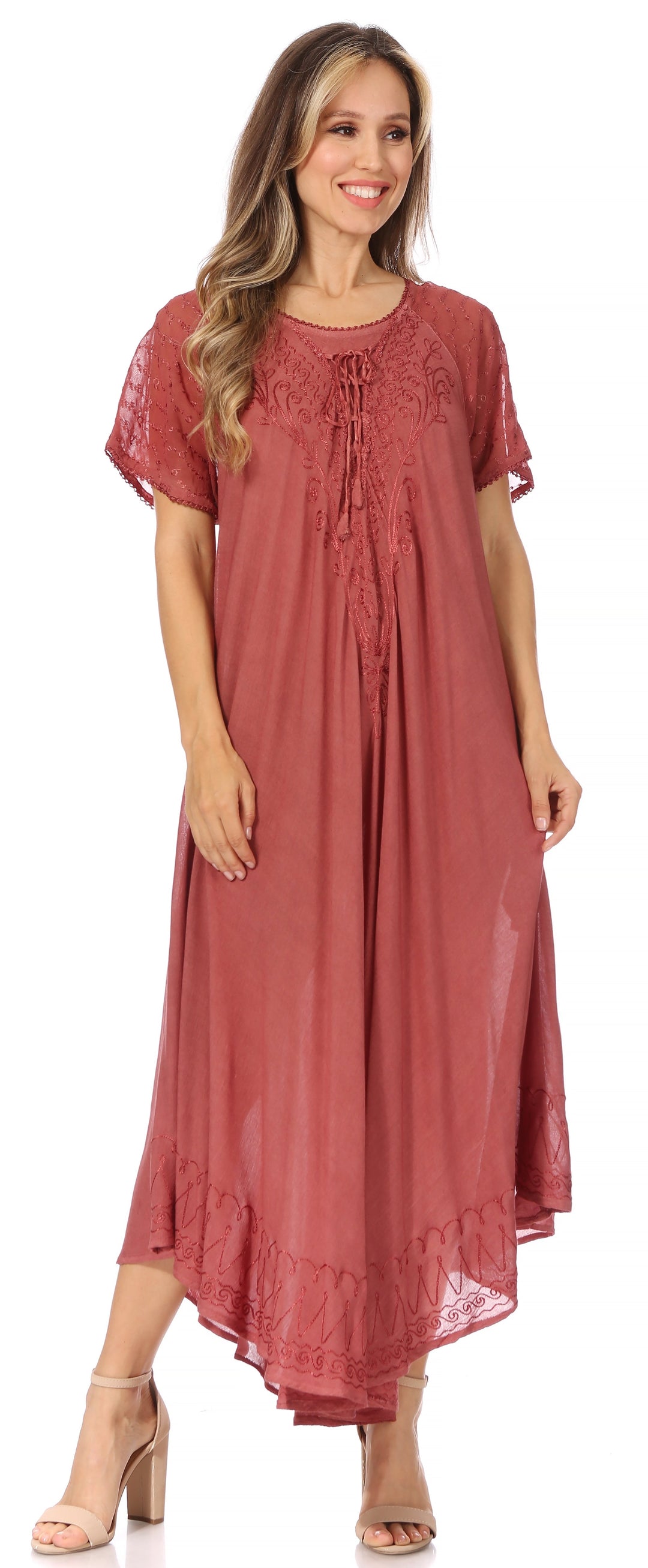 Sakkas Egan Women's Long Embroidered Caftan Dress / Cover Up With Embroidered Cap Sleeves