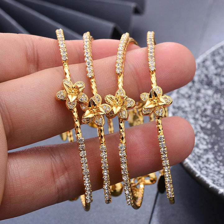 Gold-Plated Rhinestone Flower Bangle Bracelet