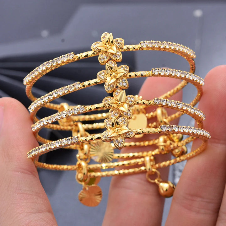 Gold-Plated Rhinestone Flower Bangle Bracelet