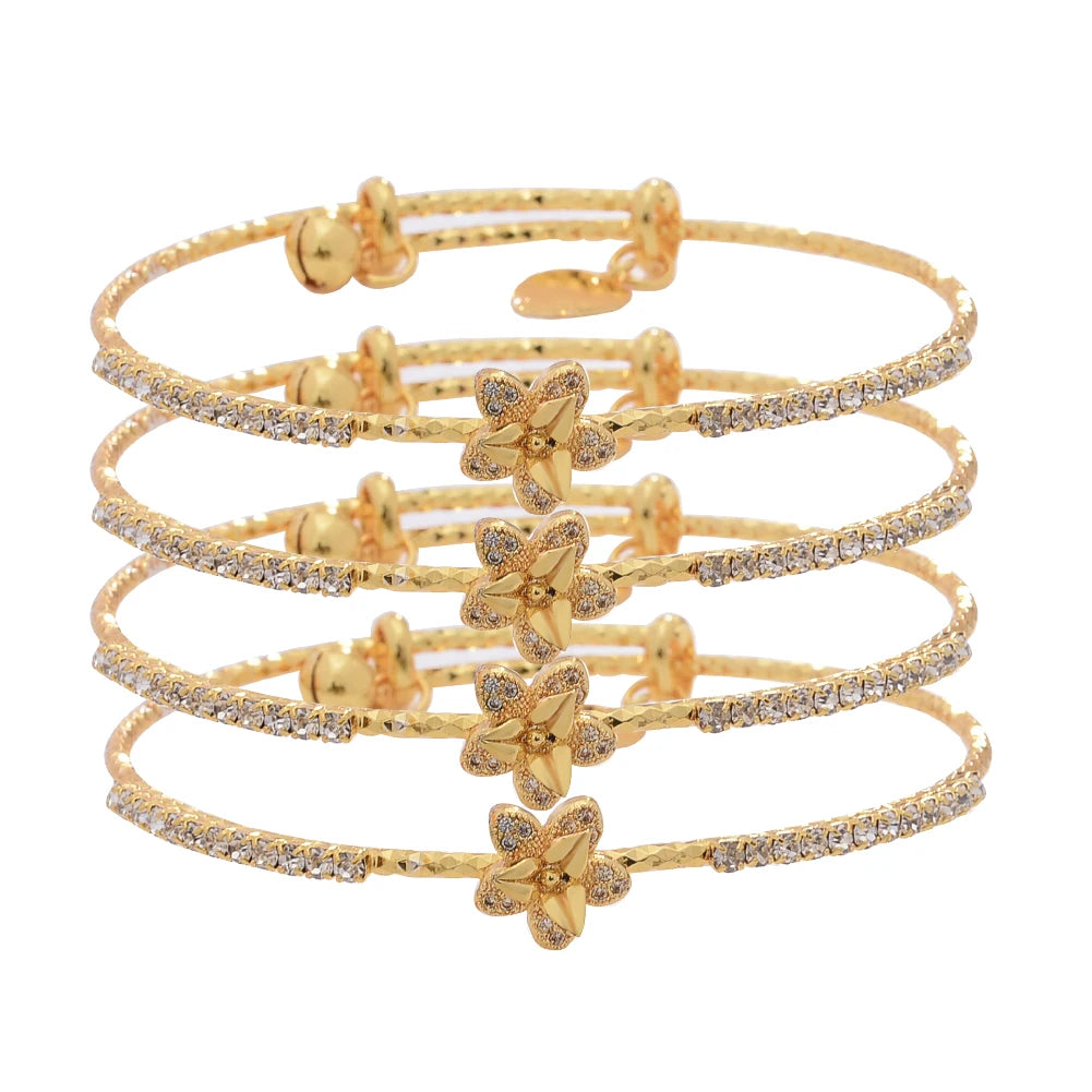 Gold-Plated Rhinestone Flower Bangle Bracelet