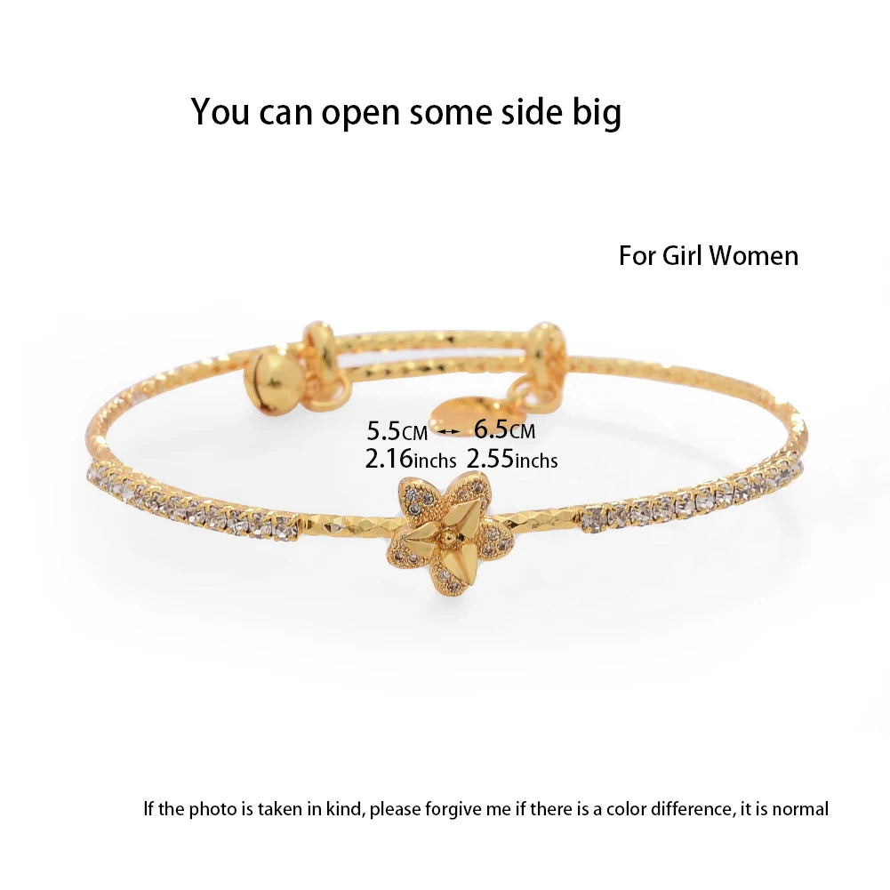 Gold-Plated Rhinestone Flower Bangle Bracelet