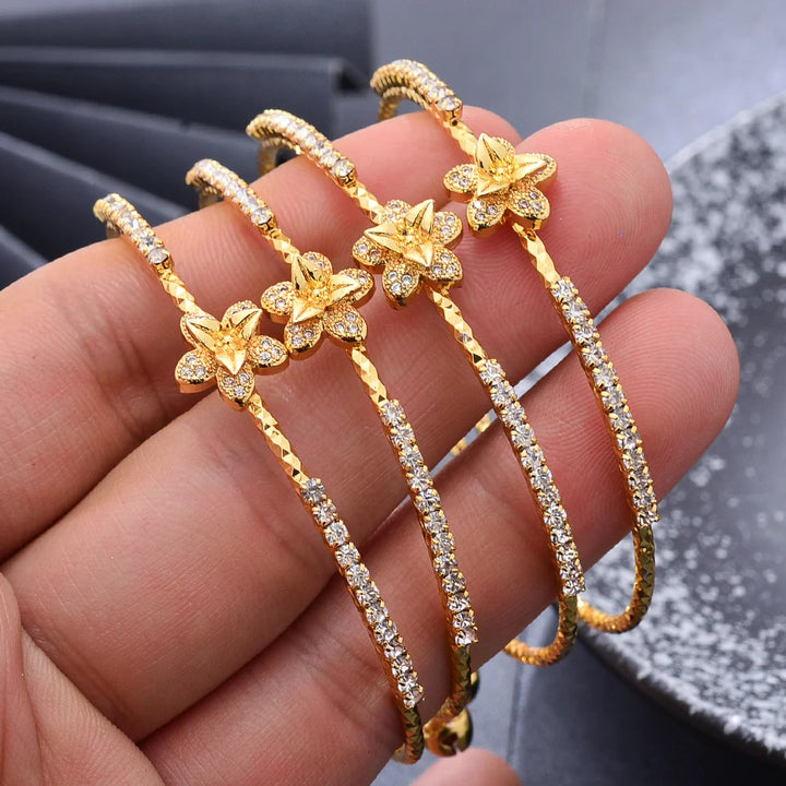 Gold-Plated Rhinestone Flower Bangle Bracelet