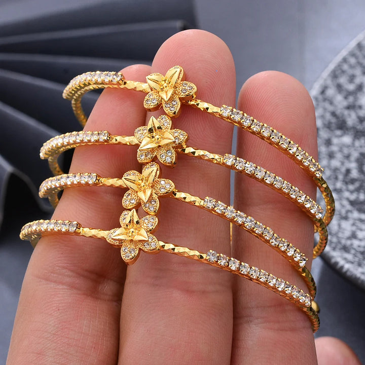 Gold-Plated Rhinestone Flower Bangle Bracelet