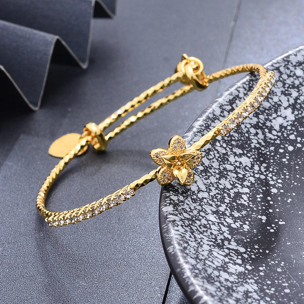 Gold-Plated Rhinestone Flower Bangle Bracelet