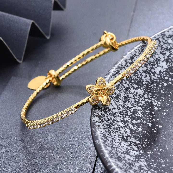 Gold-Plated Rhinestone Flower Bangle Bracelet