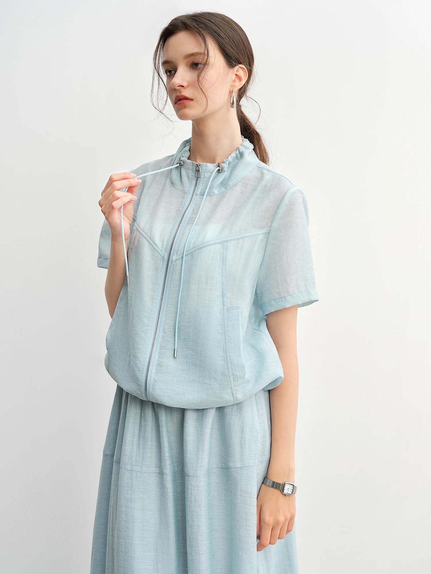 DUSHU Textured Set: Tie Collar Zip Top and Flowy Skirt