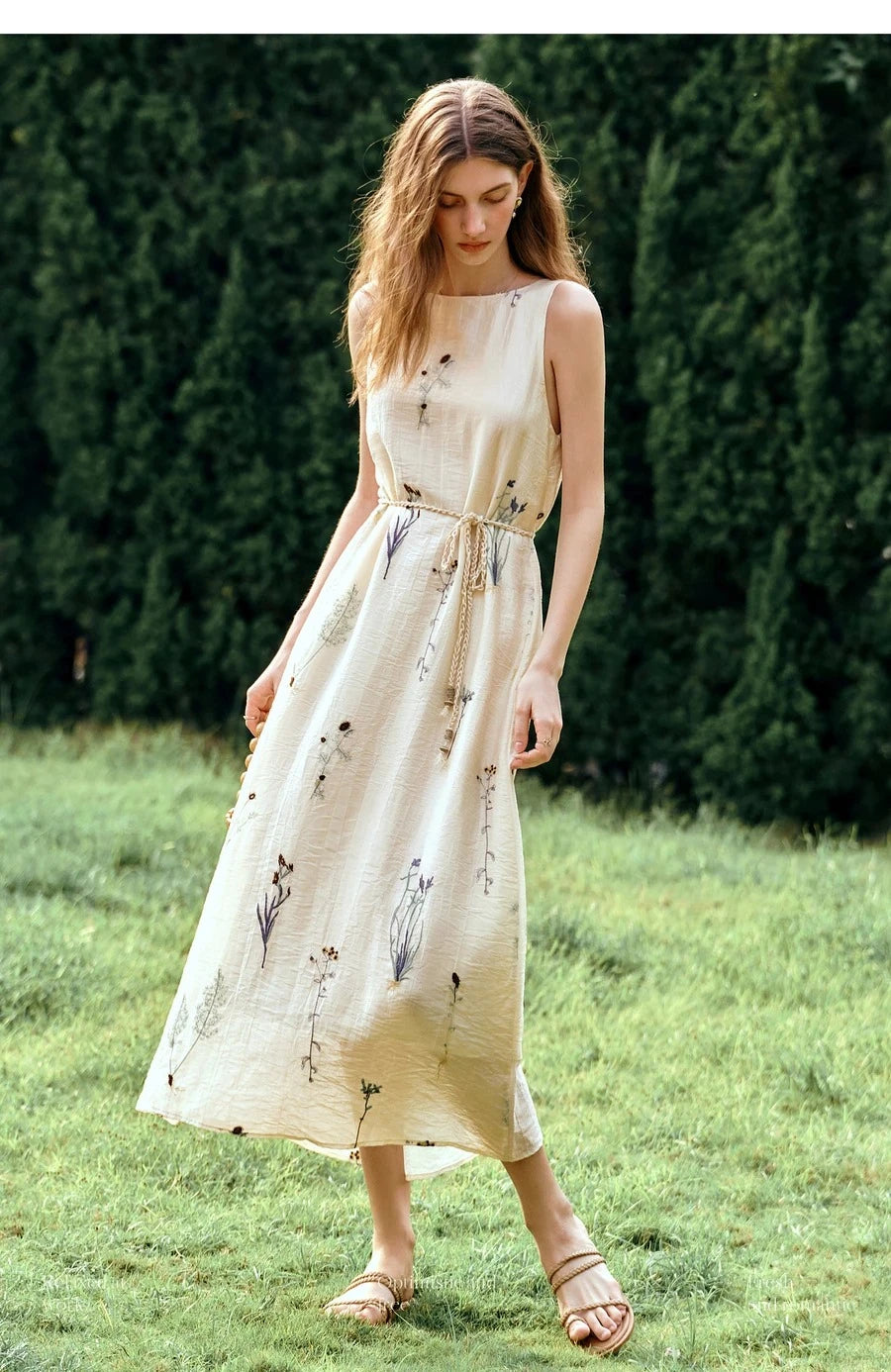OLrain Women's Sleeveless Slash Neck Floral A-Line Maxi Dress