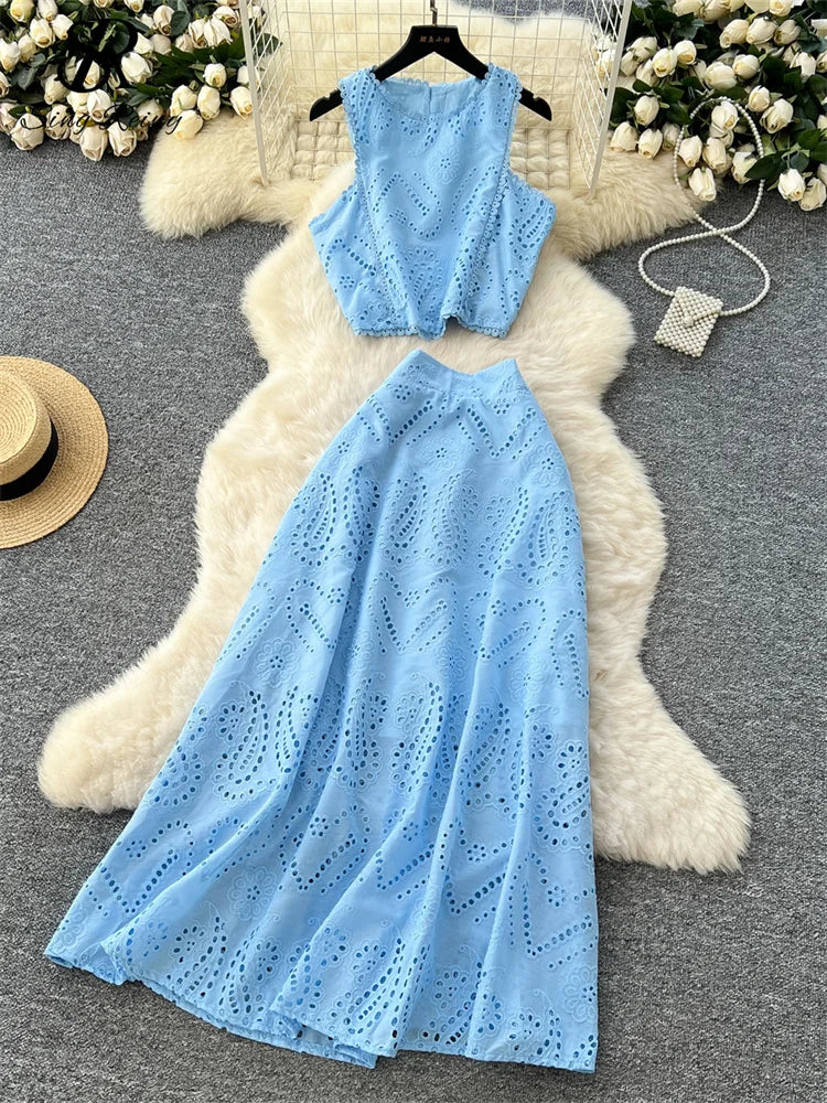 SINGREINY Women's Vintage Hook Flower Hollow Top and Long Skirt Set