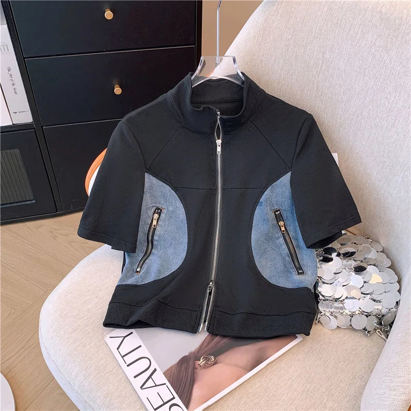 Women's Two-Piece Set: Stitched Zipper T-Shirt and Jeans