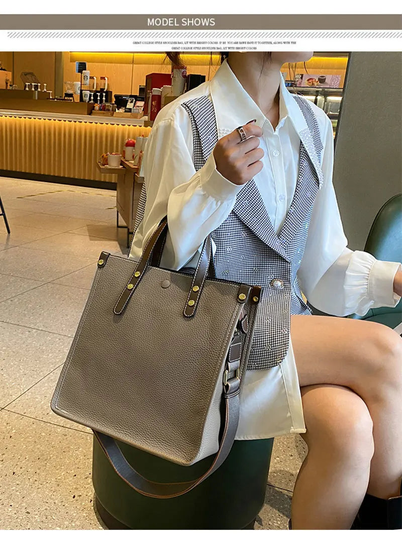 Large Capacity Genuine Cowhide Leather Rectangle Shoulder Bag