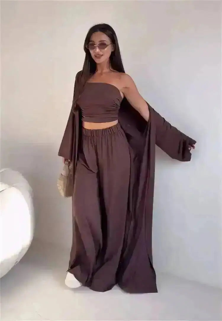 LGRQ Women's 3-Piece Set: Strapless Vest, Long Cardigan and Wide-Leg Pants