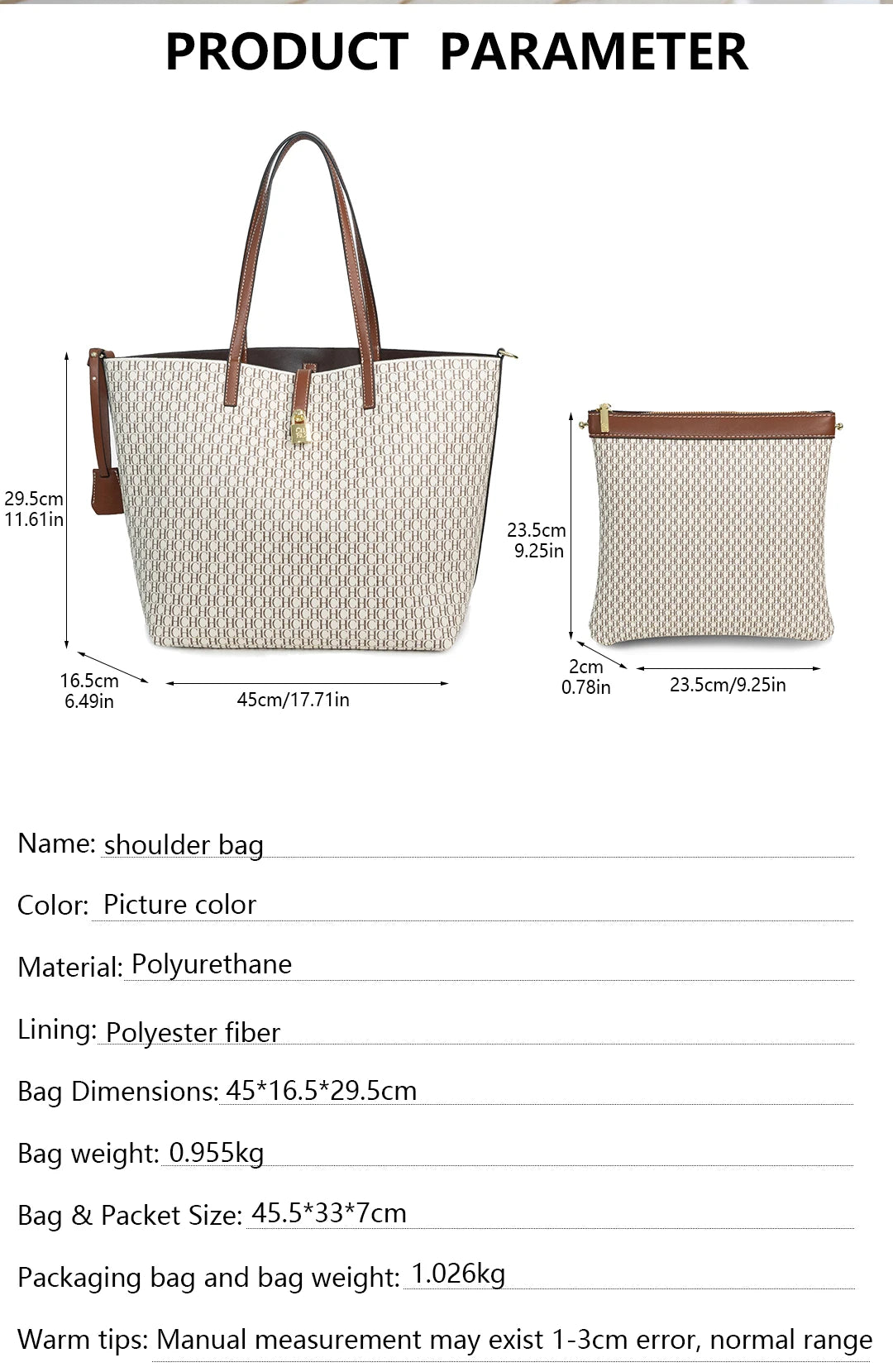 CH Women's Large Capacity Letter Print Shoulder Bag