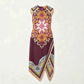 Vintage Bohemian Scarf Print Sleeveless Midi Dress with Fringe Hem