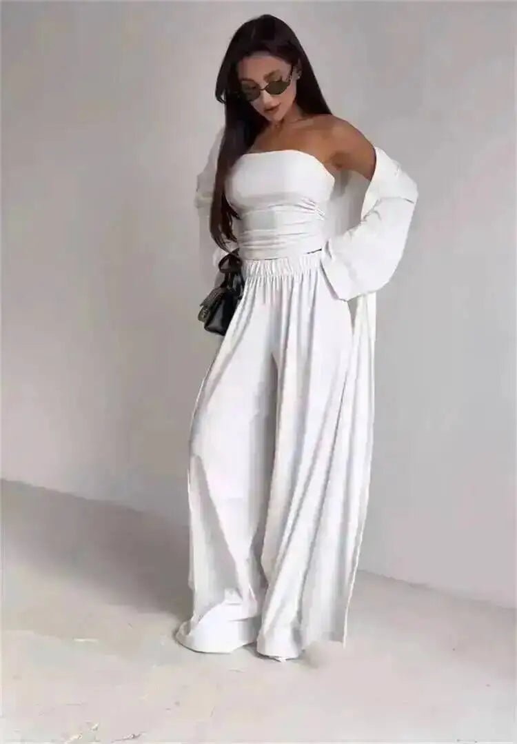 LGRQ Women's 3-Piece Set: Strapless Vest, Long Cardigan and Wide-Leg Pants