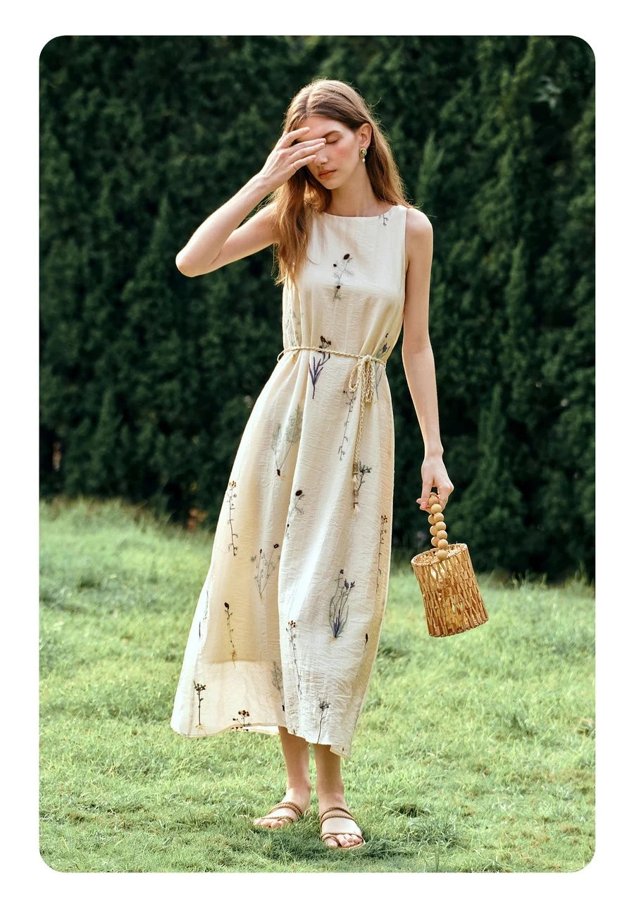OLrain Women's Sleeveless Slash Neck Floral A-Line Maxi Dress