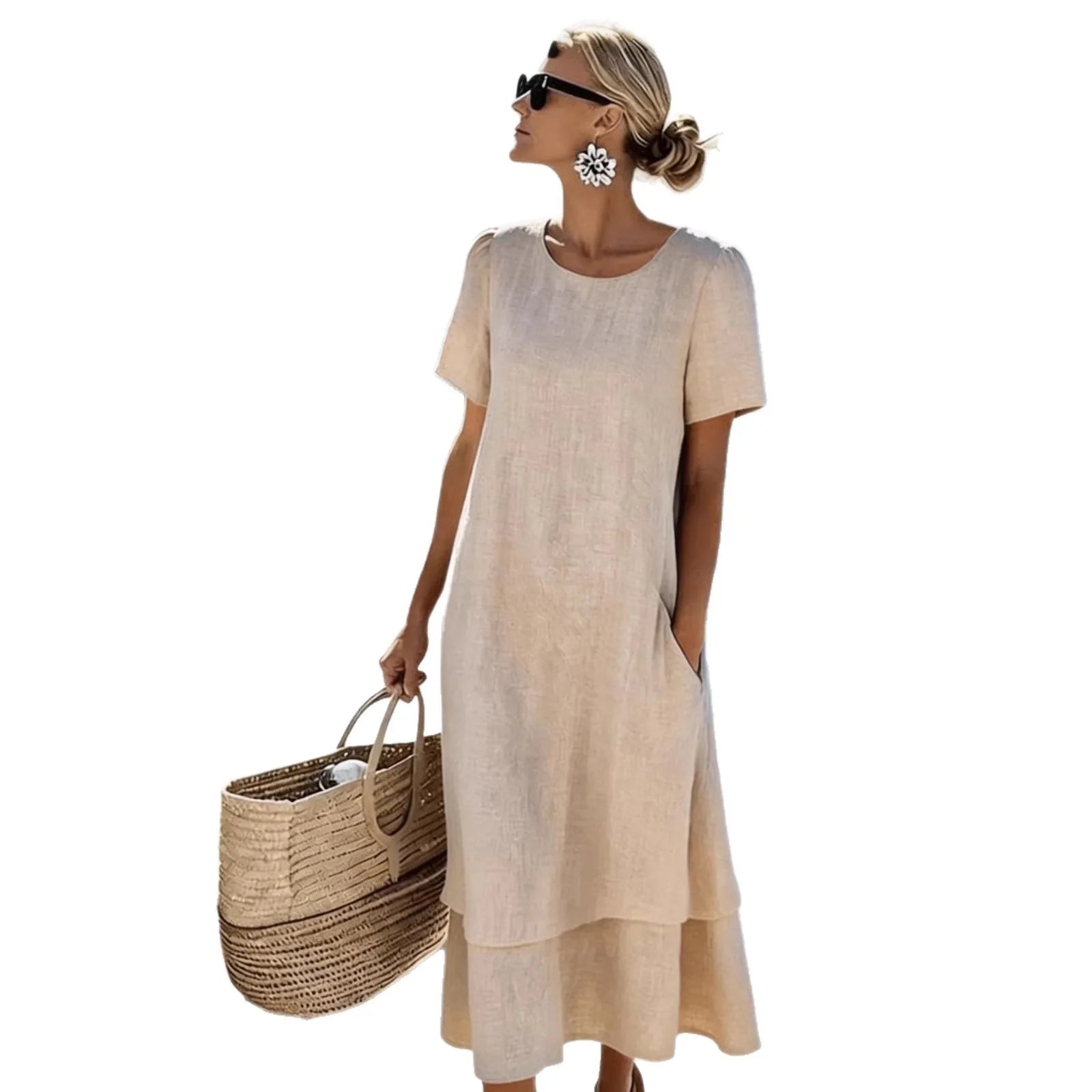 Women's Casual Loose Solid Color A-Line Midi Dress