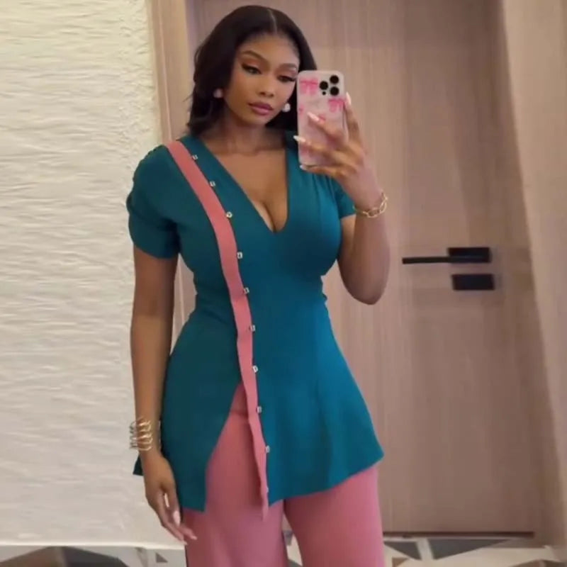 Women's African Style V-Neck Top and Patchwork Wide Leg Pants Set