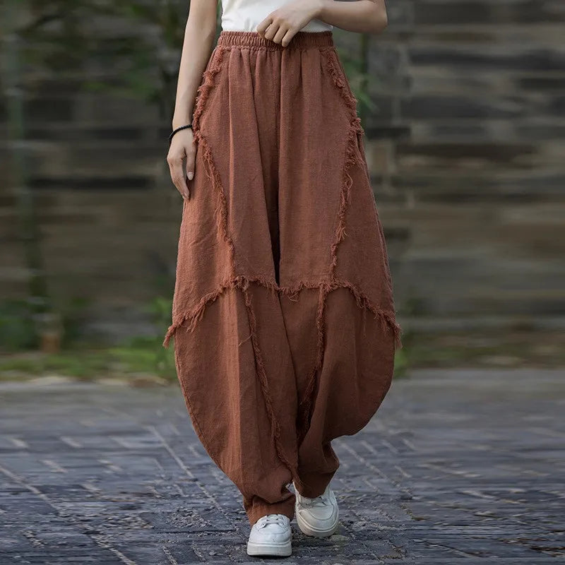 Johnature Women Vintage Ramie Bloomers Pants Elastic Waist Solid Color Trousers 2025 Summer New Patchwork Long Pants