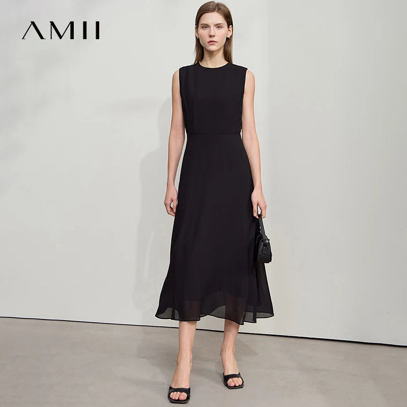 Amii Minimalist Sleeveless O-Neck Slim Midi Dress