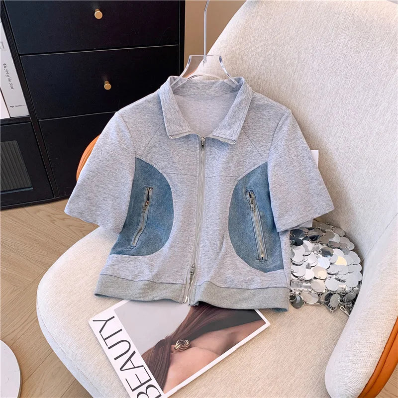 Women's Two-Piece Set: Stitched Zipper T-Shirt and Jeans