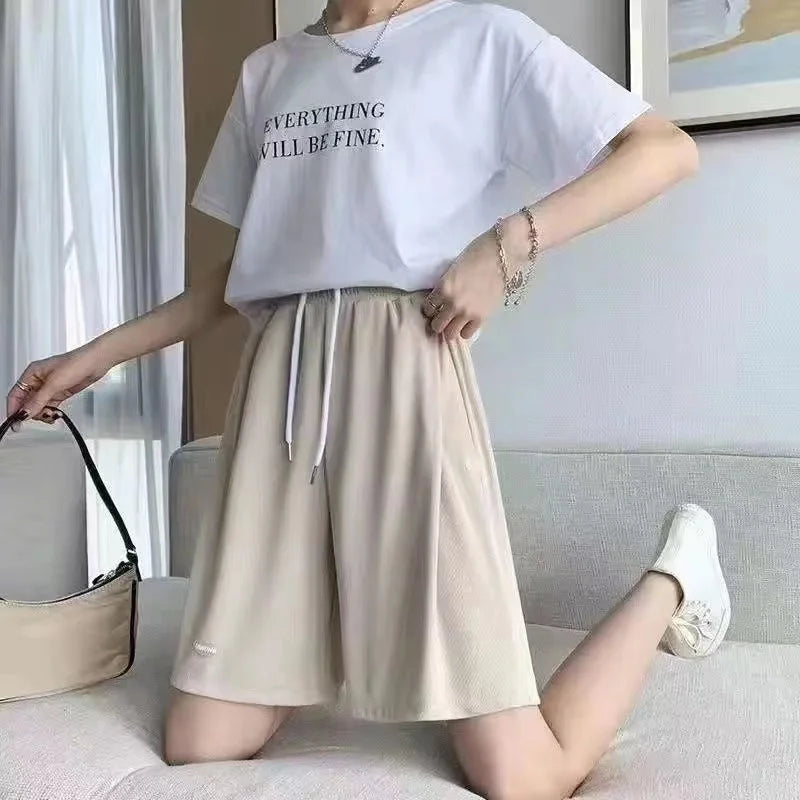 High Waist Ice Silk Sports orts Women's 2024 New Summer Loose Casual Wide Leg Pants Five-Quarter Length Korean Sle