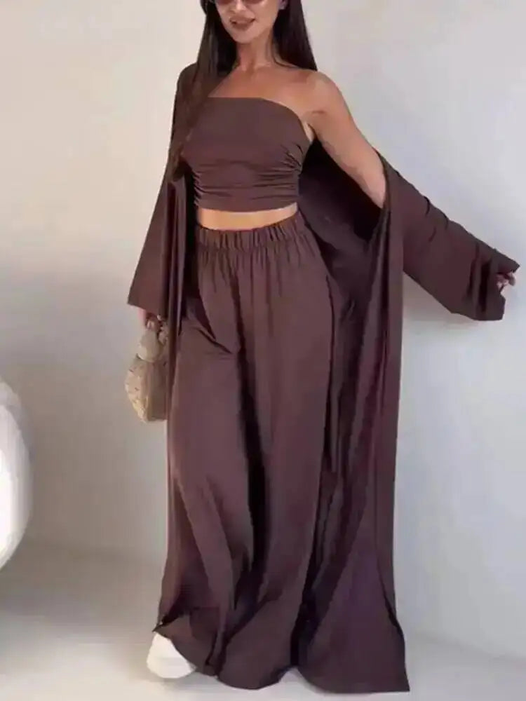 LGRQ Women's 3-Piece Set: Strapless Vest, Long Cardigan and Wide-Leg Pants