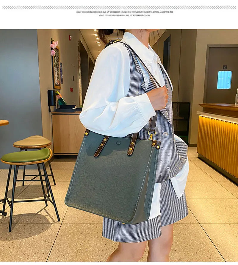 Large Capacity Genuine Cowhide Leather Rectangle Shoulder Bag