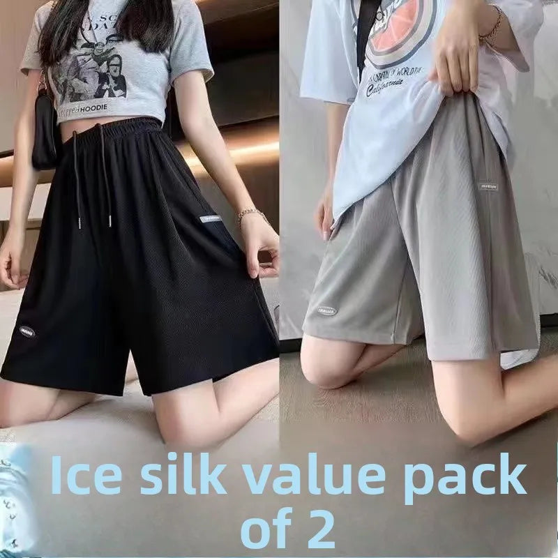 High Waist Ice Silk Sports orts Women's 2024 New Summer Loose Casual Wide Leg Pants Five-Quarter Length Korean Sle