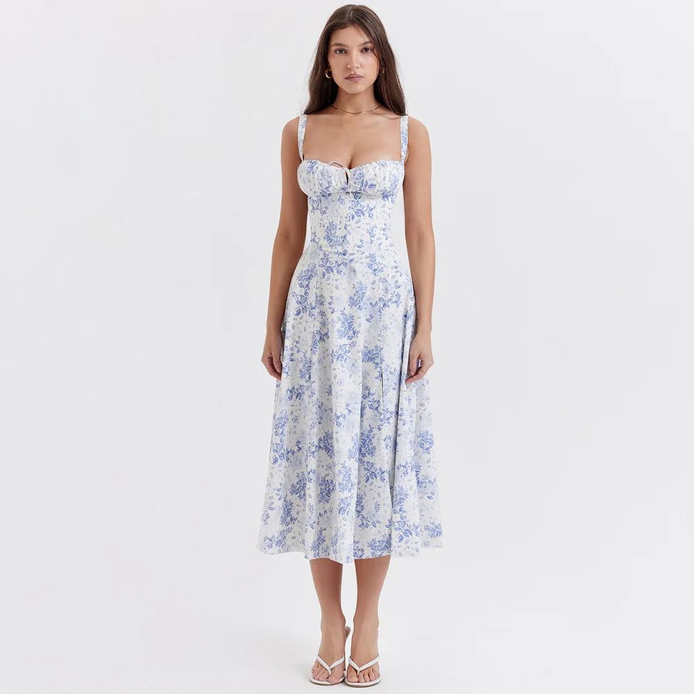 Mingmingxi Floral Midi Dress – Women's Lace-Up Spaghetti Strap