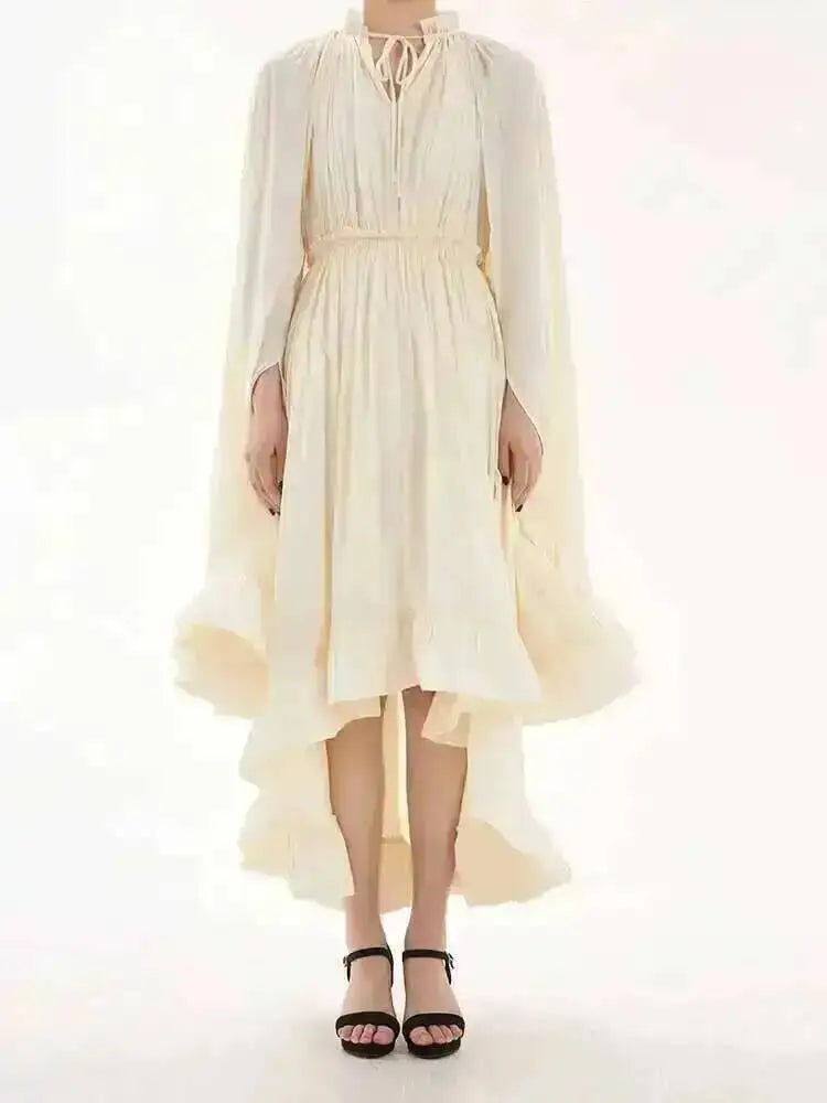 LGRQ Women's Irregular Ruffle Dress with Cloak Sleeves and Lace Splicing
