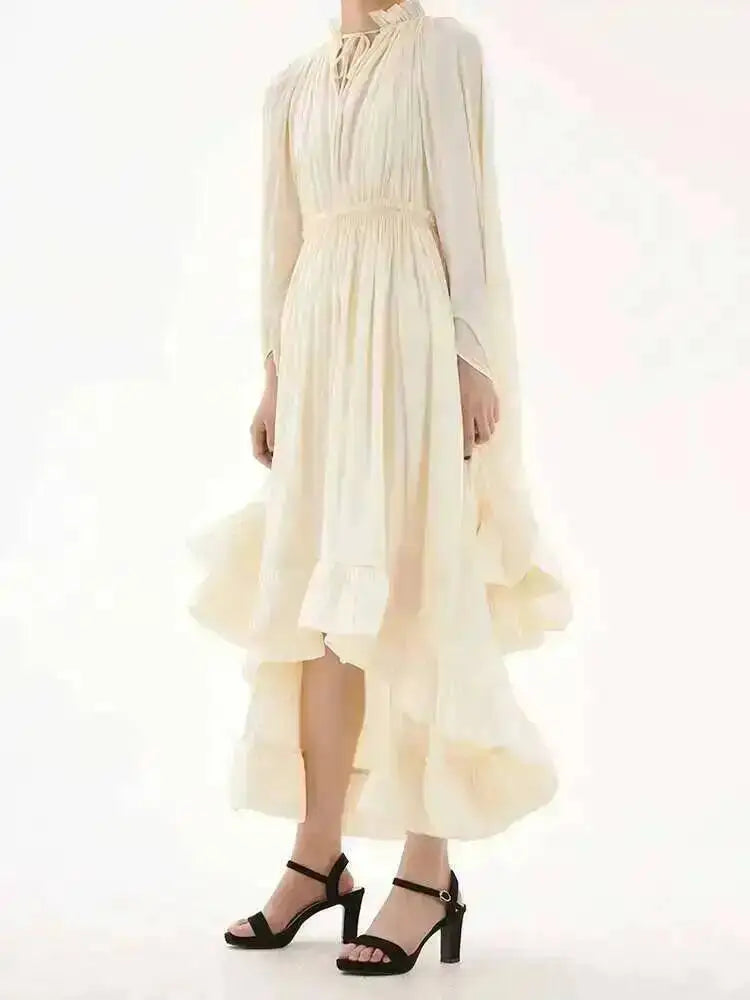 LGRQ Women's Irregular Ruffle Dress with Cloak Sleeves and Lace Splicing