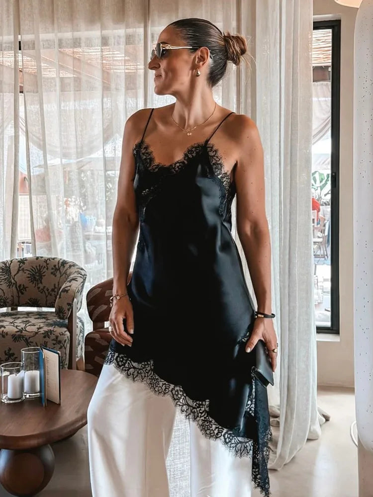 HH Women Asymmetry Lace Decorate Slim Sling Dress 2025 Summer Woman Sexy Sleeveless Backless Halter Neck Collar Party Dress