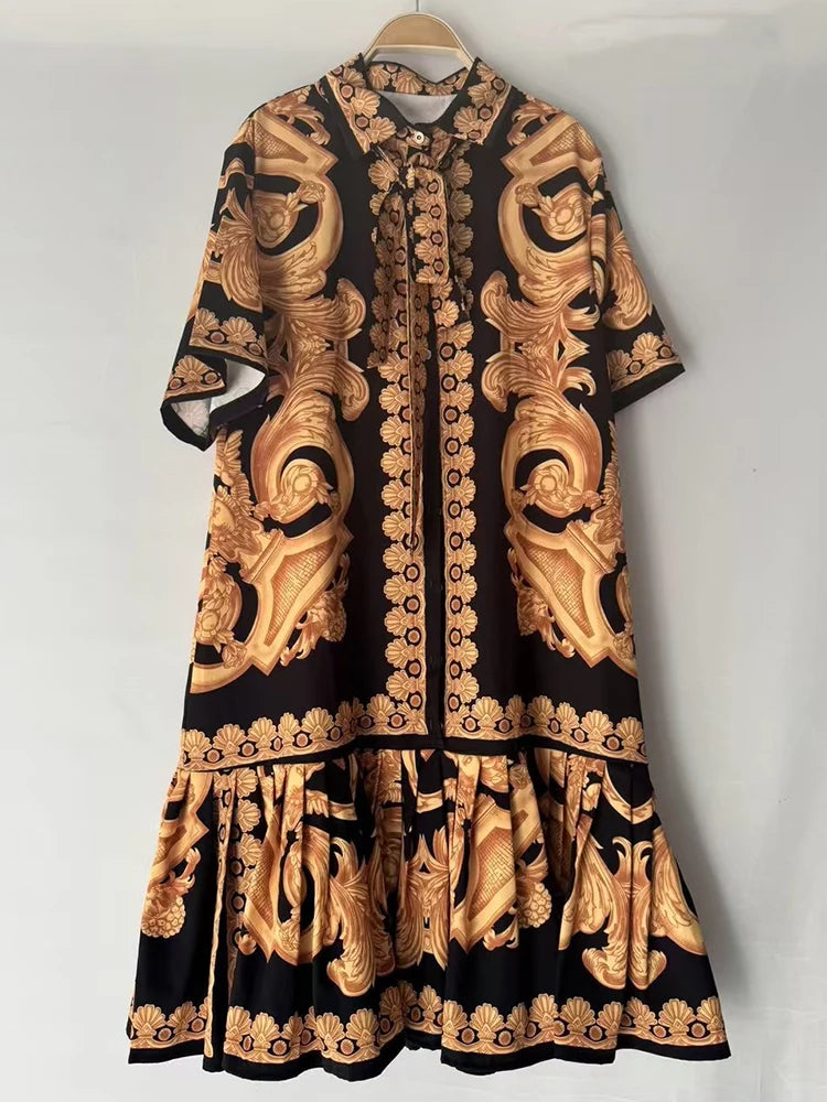 2026 Summer Women's New Fashion Geometric Print Lapel Short Sleeve Loose Dress Stitching Pleated Hem Temperament Straight Skirt.
