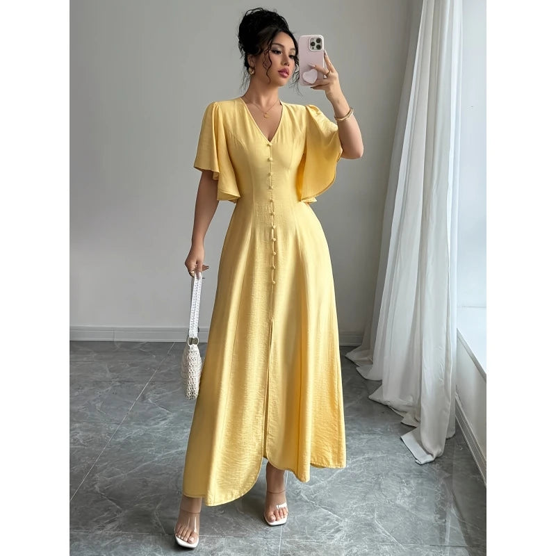 Women's Short Sleeve V-Neck Single Breasted Split Midi Dress