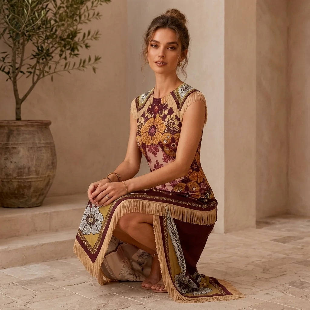 Vintage Bohemian Scarf Print Sleeveless Midi Dress with Fringe Hem