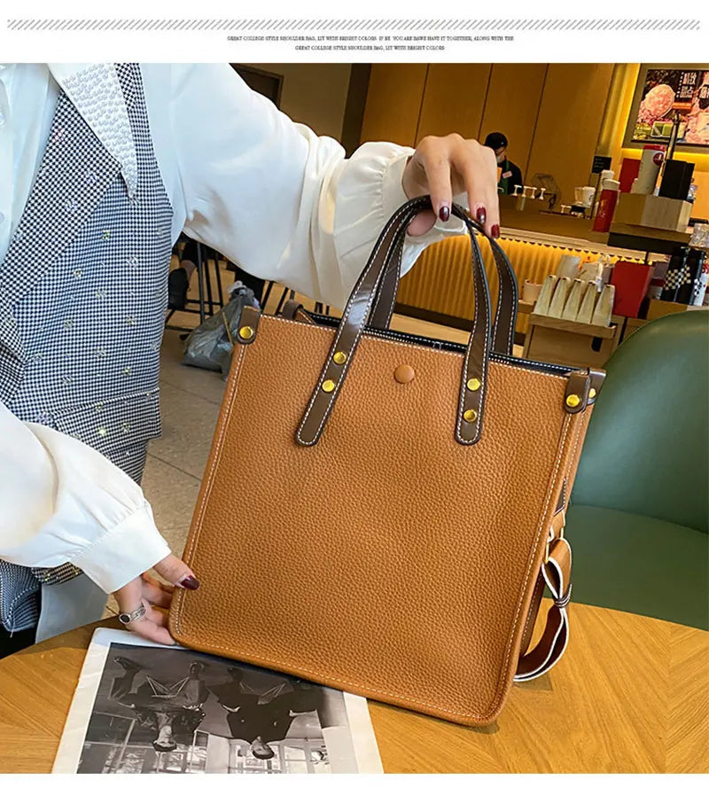 Large Capacity Genuine Cowhide Leather Rectangle Shoulder Bag