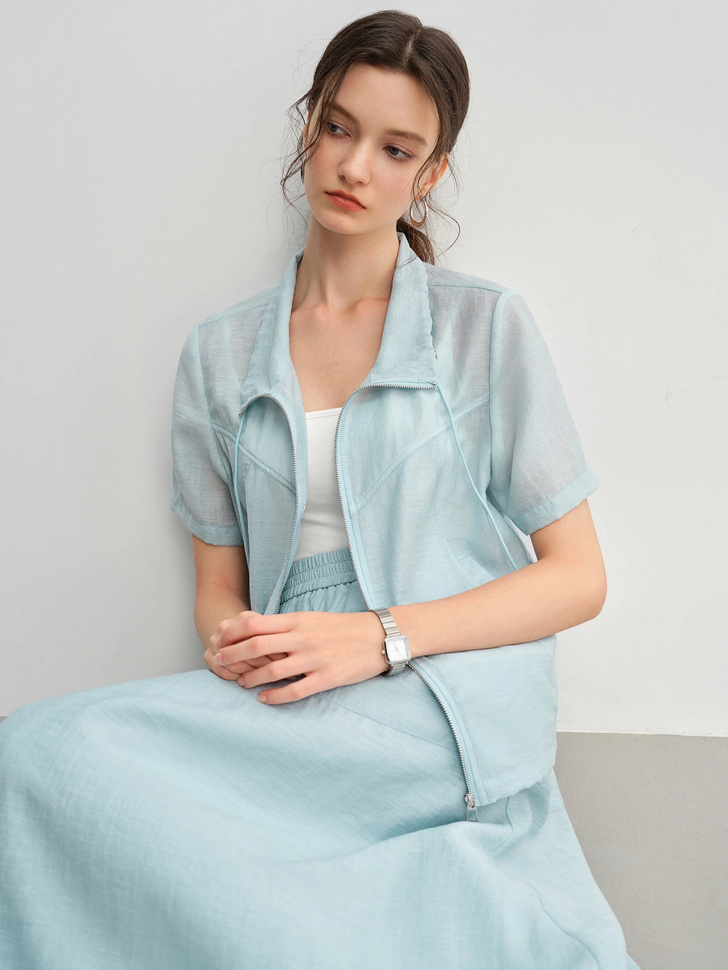 DUSHU Textured Set: Tie Collar Zip Top and Flowy Skirt