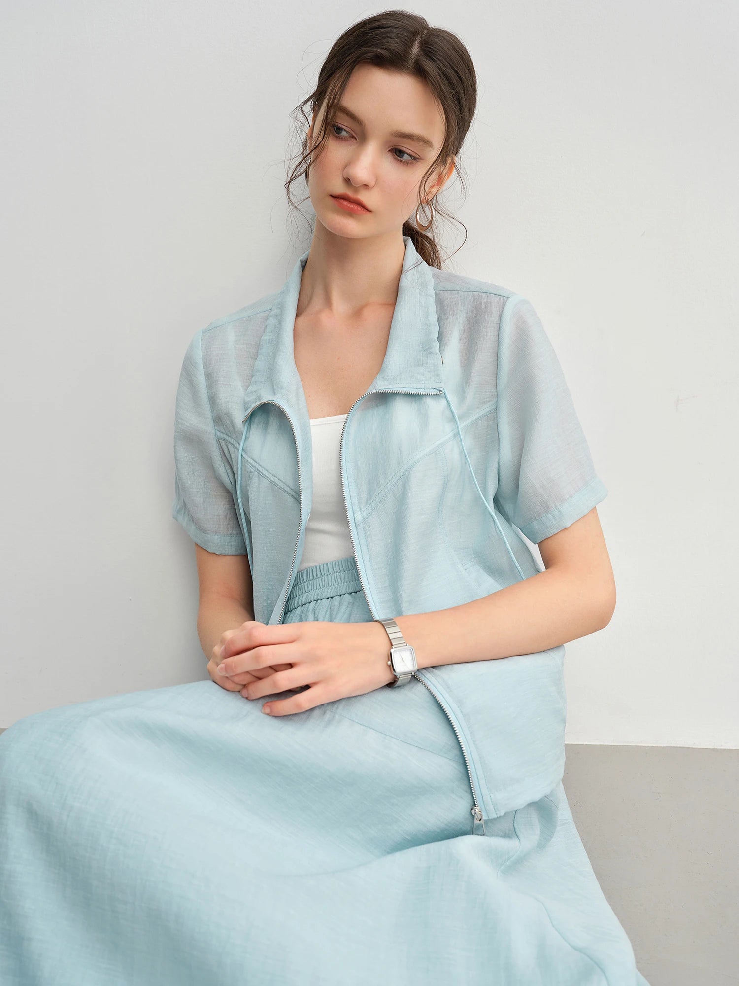 DUSHU Textured Set: Tie Collar Zip Top and Flowy Skirt