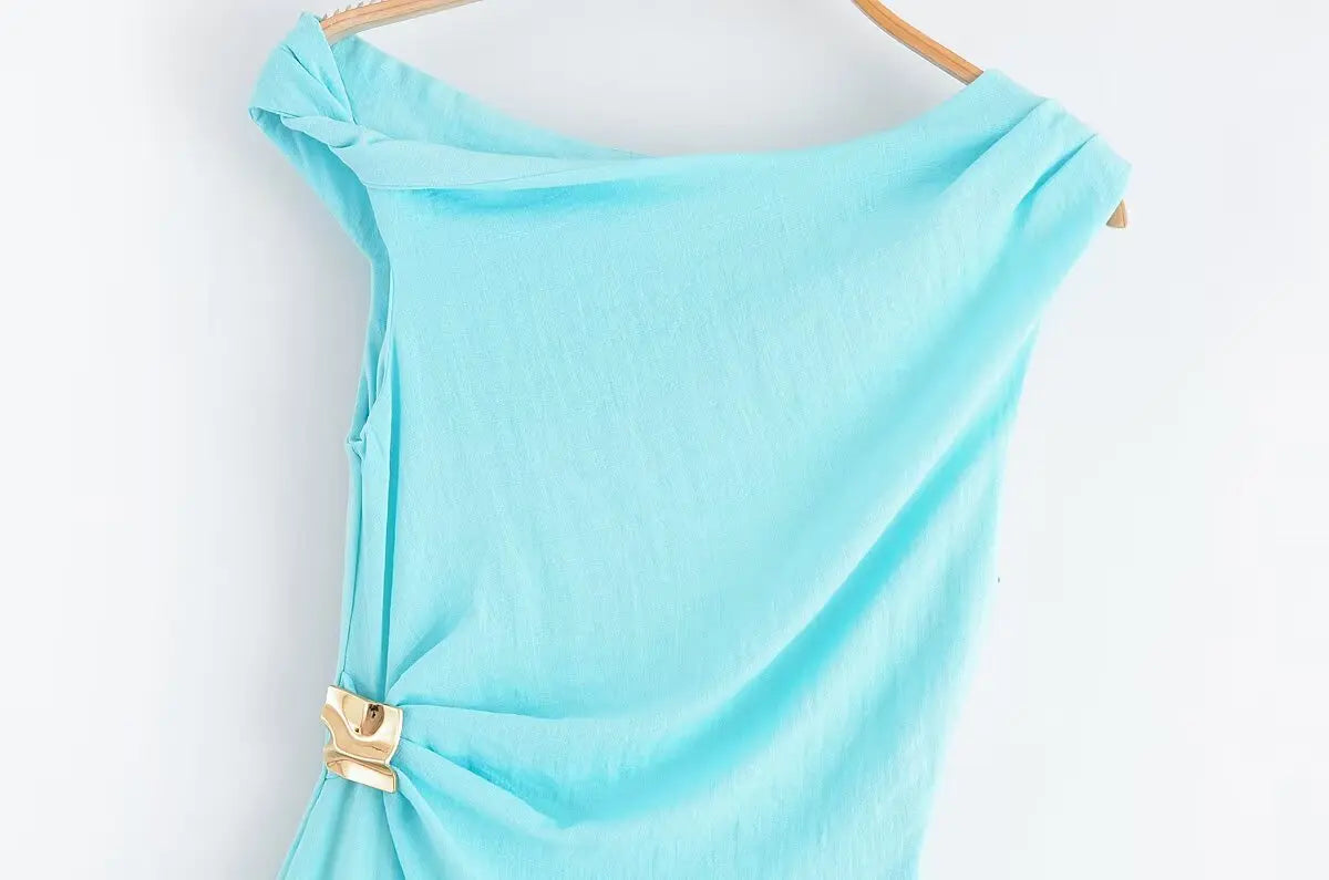 KONDALA Light Blue One-Shoulder Pleated Asymmetric Dress