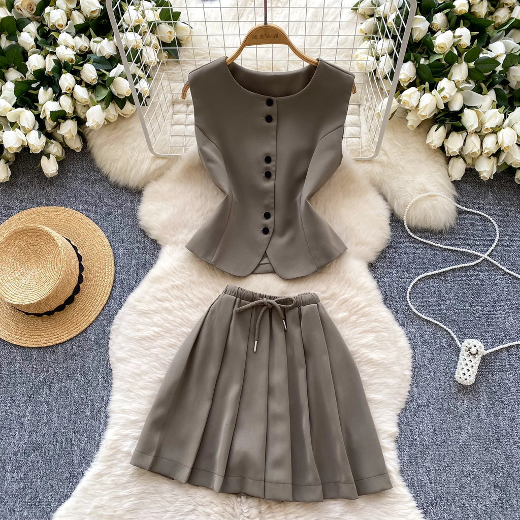 SINGREINY Women's Two-Piece Single Breasted Blouse and Pleated Mini Skirt Set