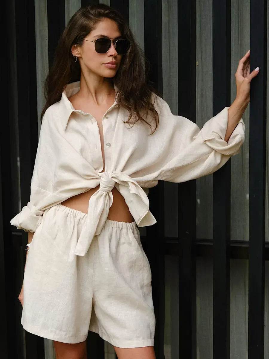 Bornladies 100% Cotton Lantern Sleeve Shirt and Shorts 2-Piece Set